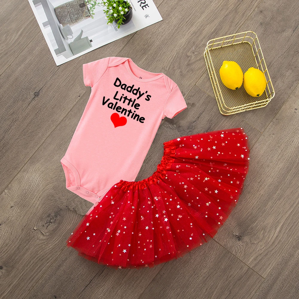 RE85-SQPPKXRD- Daddy's Little Valentine/Милый хлопковый комбинезон с короткими рукавами для маленьких девочек из 2 предметов+ Милая фатиновая юбка-пачка модные комплекты для малышей - Цвет: RE85-SQPPKXRD-