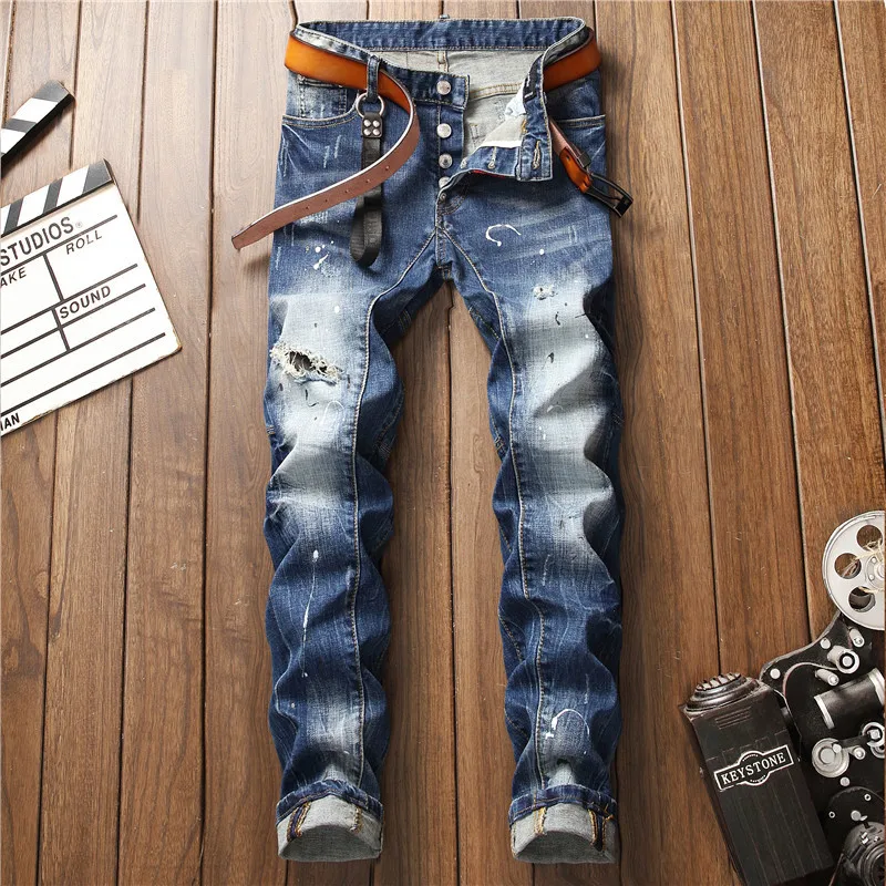 European American Style luxury quality Men's slim jeans pants famous brand mens Pencil Pants Straight blue hole jeans for men