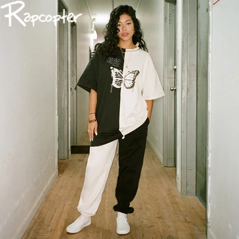 

Rapcopter Contrast Color Patchwork Women 2 Pieces Set High Elastic Waist Harem Pants & Butterfly Print Long Top Suit Streetwear
