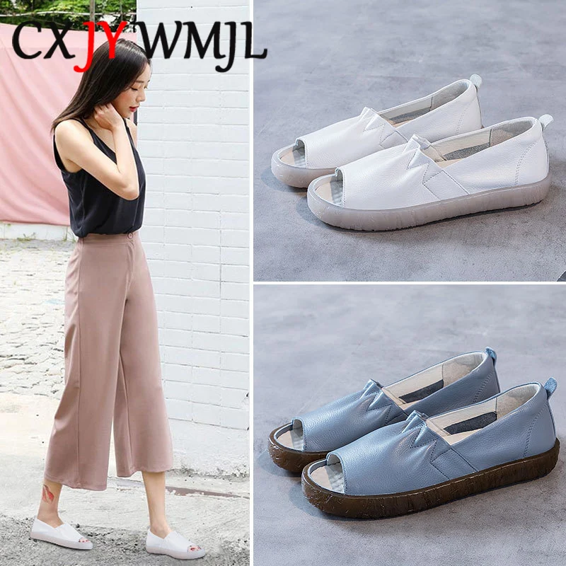 

Cowhide Fish Mouth Sandals For Women 2020 Summer Genuine Leather Retro Flats Fashion Comfortable Flat Sandal Pregnant Woman Shoe