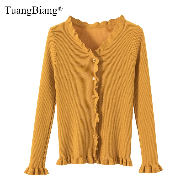 

Ruffles Ruched Deep V-Neck Pullovers Lady 2019 Button Sweater knit elasticity Full Sleeve Women Sweaters Flare Sleeve Loose Tops