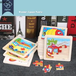 9 pçs mini tamanho crianças brinquedos de madeira 3d quebra cabeça para crianças dos desenhos animados do bebê animais tráfego tangram puzzles educativos
