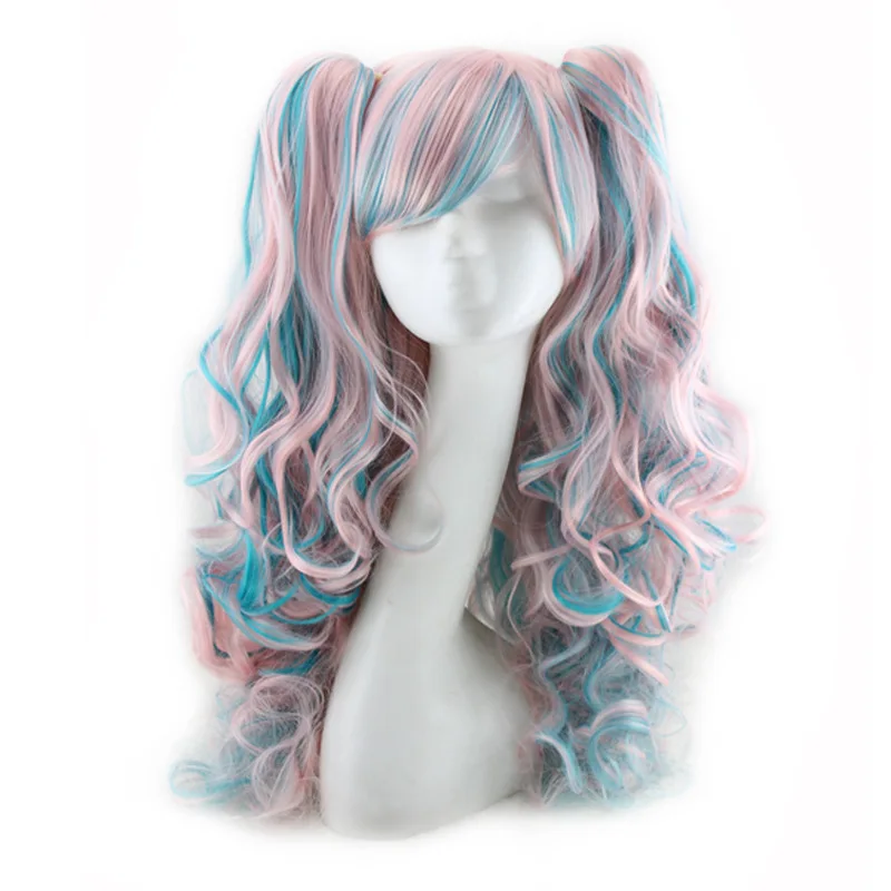 Красивый полный кудрявый парик косички волнистые волосы Косплей Костюм Аниме вечерние Синтетические длинные кудрявые парики WH998 - Цвет: pink blue