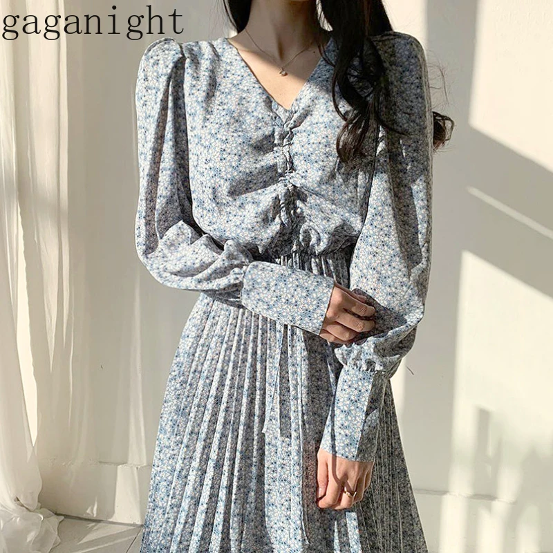 

Gaganight Sweet Women Floral Maxi Bodycon Dress Long Sleeve V Neck Pleated Slim Elegant Female Dresses Korean Chic Spring New