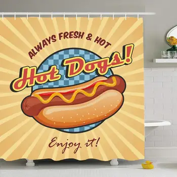 

Shower Curtain 72 x 78 Inches Fast Red Hotdog American Hot Dog Sandwich Ketchup Mustard Food Drink Yellow Vintage Retro BBQ Eat