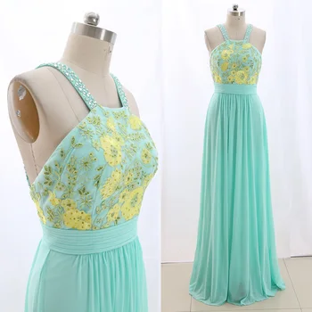 

MACloth Mint A-Line Strap Floor-Length Long Embroidery Tulle Prom Dresses Dress M 266396 Clearance
