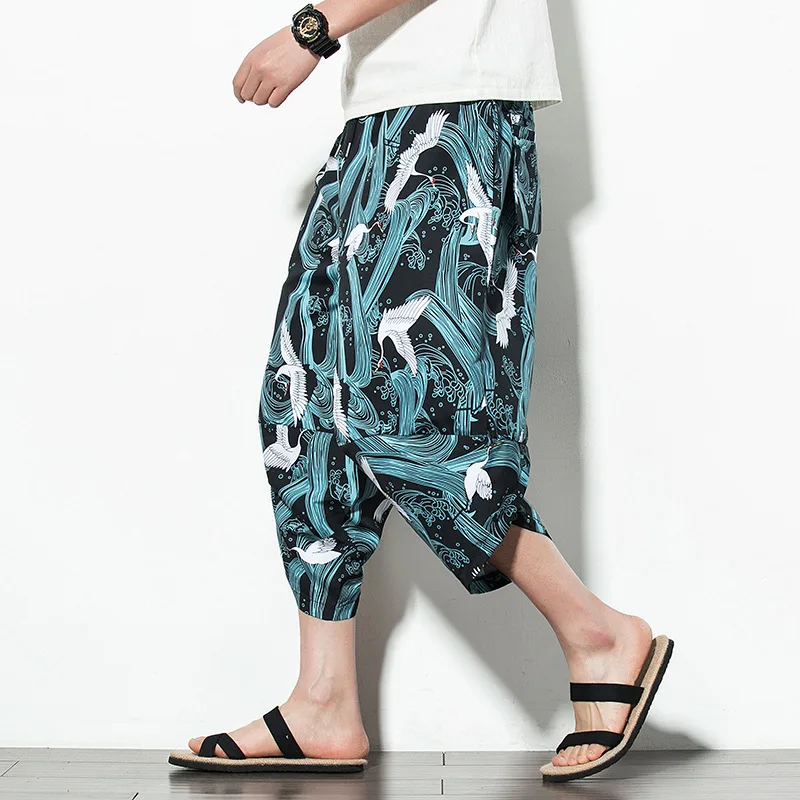 Summer 2019 New Cotton and Hemp Seven-minute Pants Men's Chinese Wind Large Size Lantern Pants Men's Printed Hallen Shoes