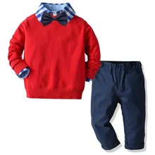 Комплект из трех предметов для мальчиков; детский вязаный свитер; Клетчатая блуза с длинными рукавами и брюки; Милая Изысканная детская одежда в консервативном стиле