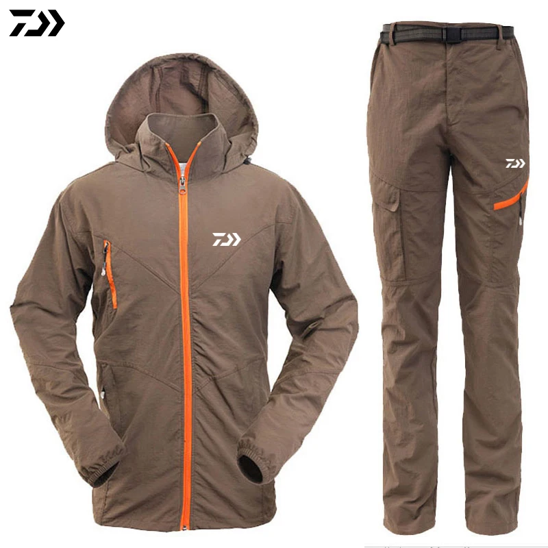 Daiwa куртка,, дышащая, для рыбалки, водонепроницаемая, защита от солнца, УФ-защита, для улицы, мужские, ветрозащитные куртки, набор, Спортивная, для рыбалки, куртка, брюки - Цвет: Brown Set