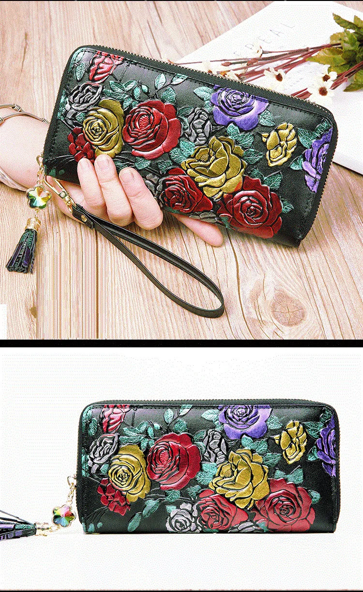 Echtes Leder Brieftasche Frauen Große Kapazität Karte Halter Geldbörse Floral Frauen Leder Brieftaschen Lange Weibliche Geldbörse – Detail 9