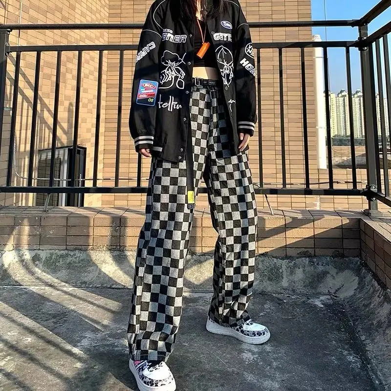 Women's Jeans Trend Plaid Pants High Waist Thin Korean Fashion Woman Clothes Casual Jean Loose Straight Trousers Streetwear | Женская