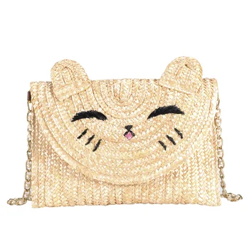 

QZUnique Women's Cat Ear Summer Beach Straw Woven Crossbody Bag Handbag Shoulder Bag