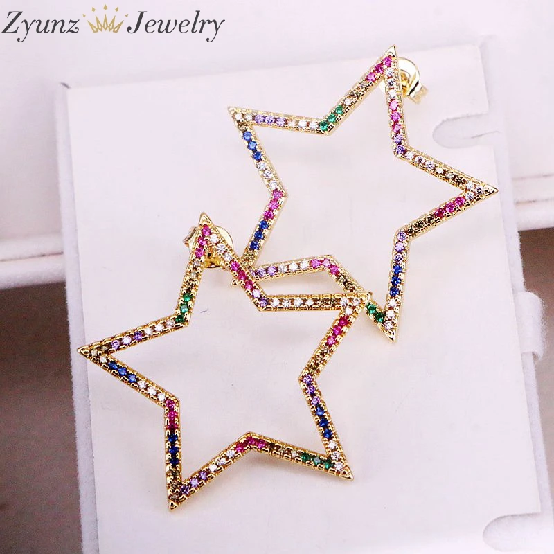 5 пар, Радуга CZ микро проложить Шарм Звезда Серьги гвоздики модные популярные ювелирные изделия Радуга золото серьги Нежный кубический цирконий шпильки