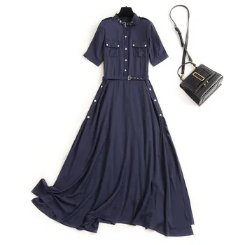 

Plus size women long dress summer 2020 short sleeve stand collar elegant designer brand asymmetric sexy dresses navy blue