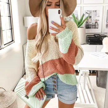 

Autumn 2019 Off Shoulder Knitted Sweater Women Pullovers Hit Color Large Sweaters Casual Loose Jumper Pull Femme