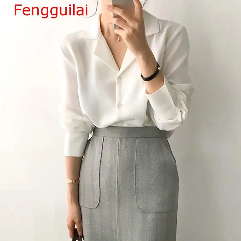 Fengguilai женские топы блузки одноцветная белая шифоновая блузка Офисная рубашка