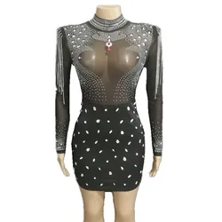 Bling Dress Black Crystals Short  Rhinestone Bar Nightclub Dancer Prom Costume Women Tassel Clubwear Party Show Performance Wear