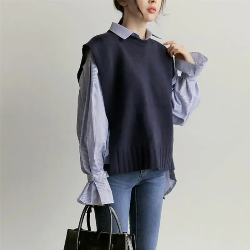 Корейские вязаные жилеты без рукавов, женский жилет, весенне-осенние кашемировые свитера, пуловеры с круглым вырезом, свободные женские топы
