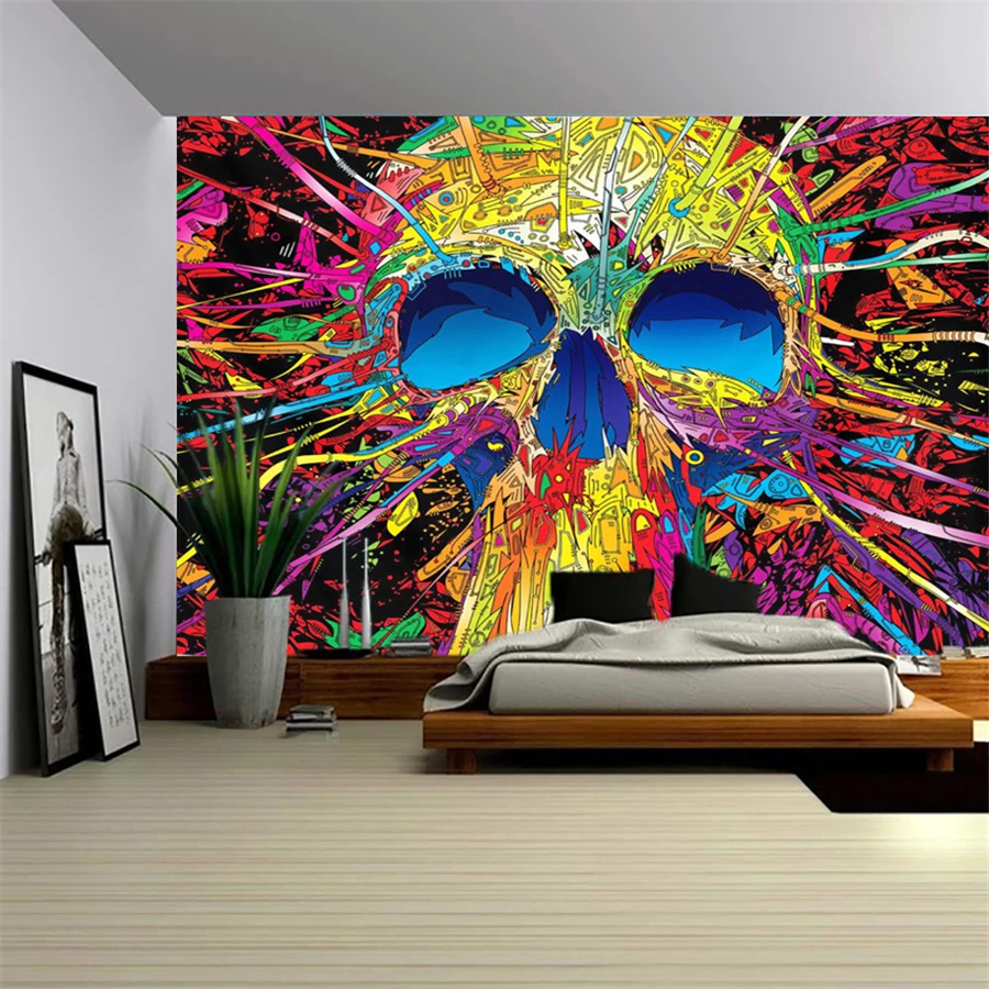 Hippie Skull Tapestry Wall Hanging Psychedelic Carpet Wall Blanket Mandala Tapestry Art Women Ethnic Dorm Boho Decor Mural Beach
