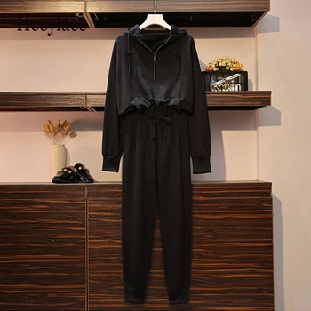 

5XL plus size jogging femme autumn black loose sport tracksuit women two piece set top and pants matching sets conjunto feminino