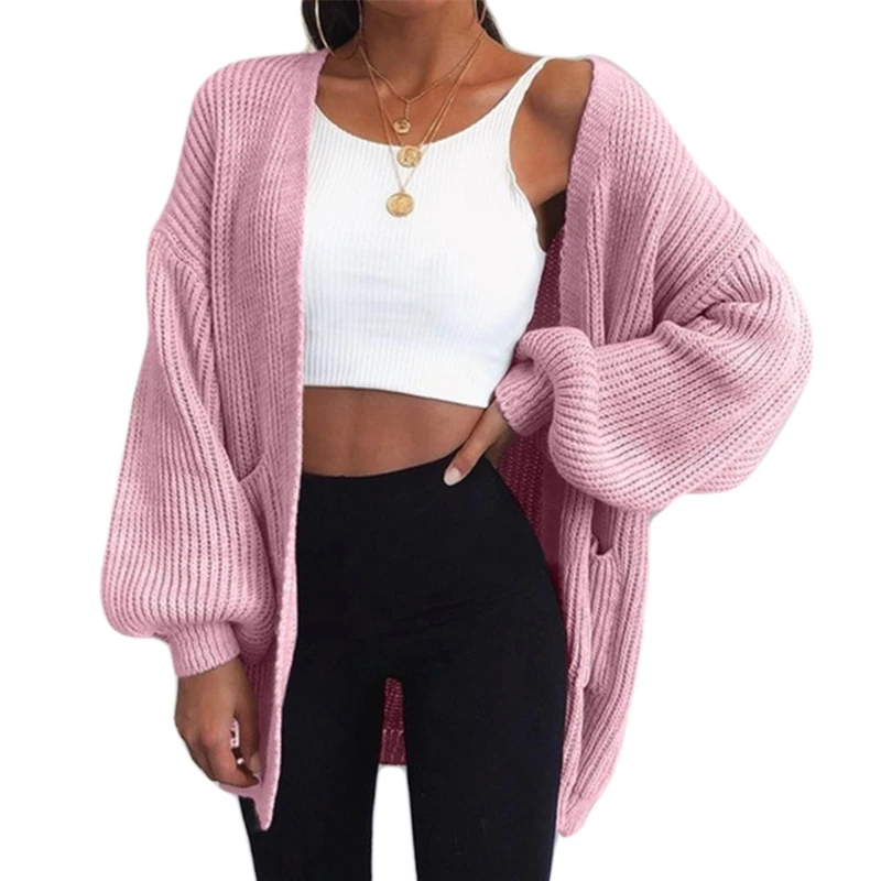 Women Lantern Sleeve Sweater Cardigan Solid Color Open Front Knit Midi Long Coat