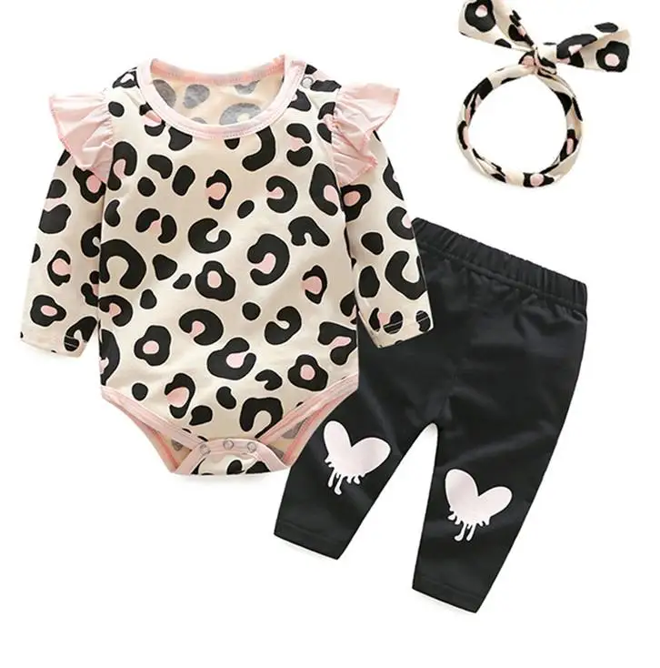 

Baby Girls Clothes Set 2018 Autumn Newborn Baby Girl Clothing Leopard Print Rompers Headband Pants 3PCS Outfits Set