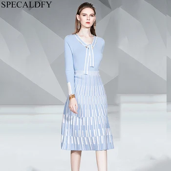 

Fall Autumn Winter Knit Sweater Set Women Two Piece Outfits High Quality Designer Runway Skirt Sets Pleated Skirt 2 Piece Set