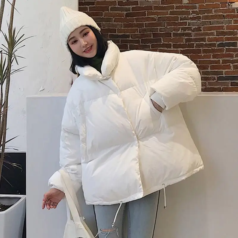 

Korean 2019 Winter Jacket Women Stand Collar Solid Green White Female Coat Loose Oversized Womens Short Parka