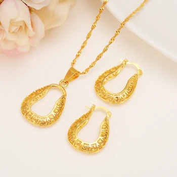 

Real 18 k Yellow Solid Fine G/F Gold set Jewelry Pendant Chain Earrings U Mould Bride Bijoux
