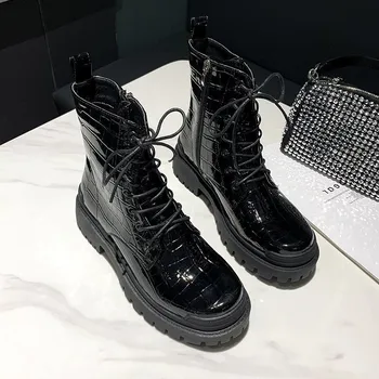 

Fashion 2020 Lace Up Shoes Lady Punk Style High Heels Platform Boots Women Summer Autumn Black Patent Leather Boots Woman 35-40