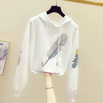 

New Spring Autumn Feather Embroidery Long Sleeve Hooded Pullovers White Sweatshirts Loose Casual Students Hoodies Top