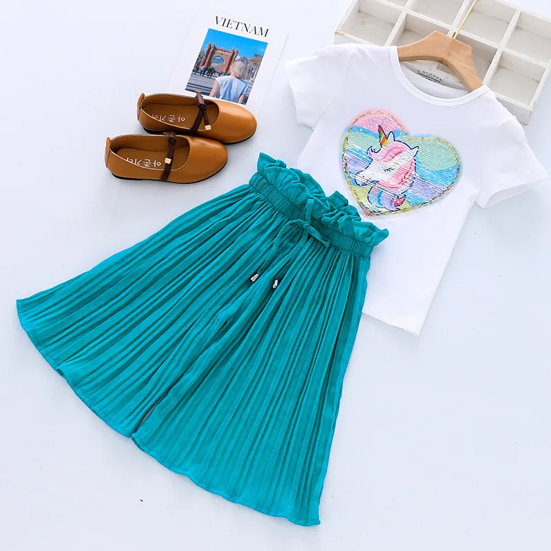 Toddler Girls Clothing Sets Summer Unicorn Sequins Chiffon Pant Sets Kids Trascksuit Outfit Children Clothing
