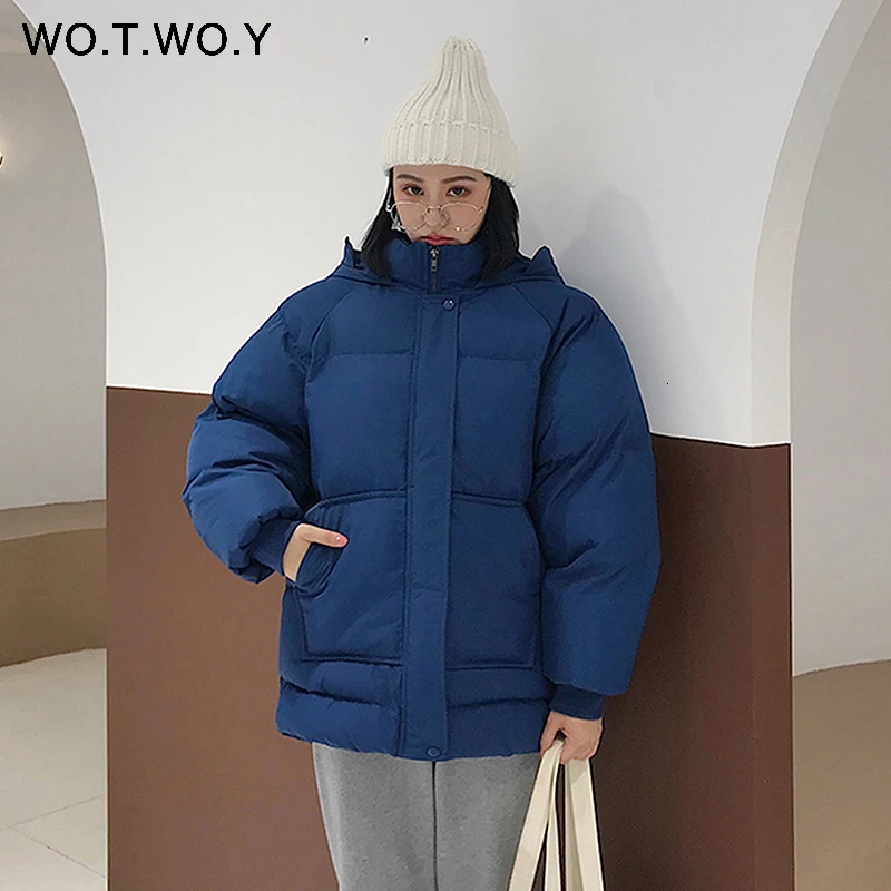 WOTWOY зимнее хлопковое Женское пальто, повседневные куртки с капюшоном на пуговицах и молнии, женские куртки с карманами, корейский стиль, Женское пальто