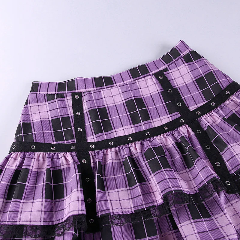 Gothic Lady Cool Sexy Mini Skirt Women Purple Plaid Contrast Color Cross Eyelet Ribbon High Waist Skirts Lace Y2k Harajuku Cloth
