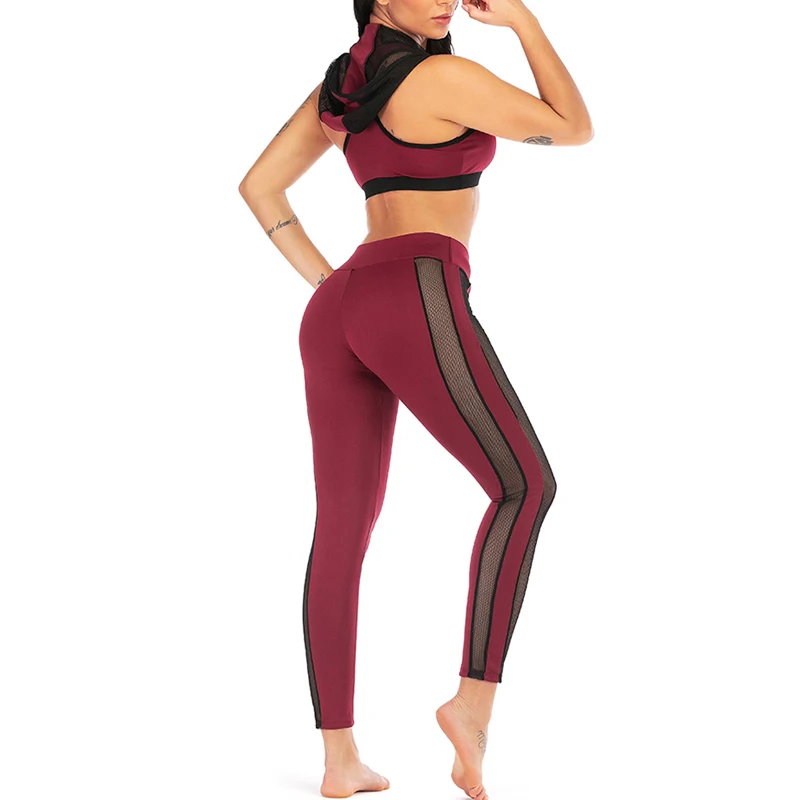 Сетчатый спортивный костюм для женщин с капюшоном укороченный топ с сеткой спортивная одежда, леггинсы для занятий йогой бюстгальтер для фитнеса Брюки Одежда для бега комплекты для йоги