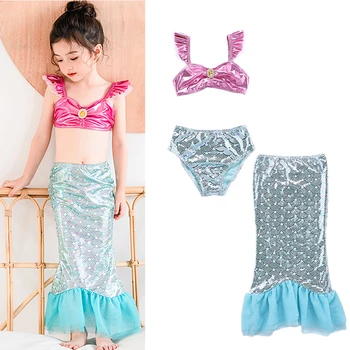 

Girls Mermaid Tail Swimsuit 3 pcs Bikini Bathing Swimming Costumes Children Beachwear Cute Swimwear Baby Girls Clothing