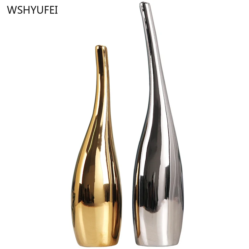 2Pcs Creative black and white home living room bedroom TV cabinet crafts decoration golden ceramic art flower arrangement vase