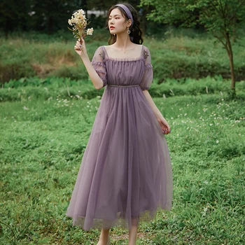 

Vintage palace summer dress mesh dresses square collar puff sleeve vestidos woman dress high waist dress women dresses for women