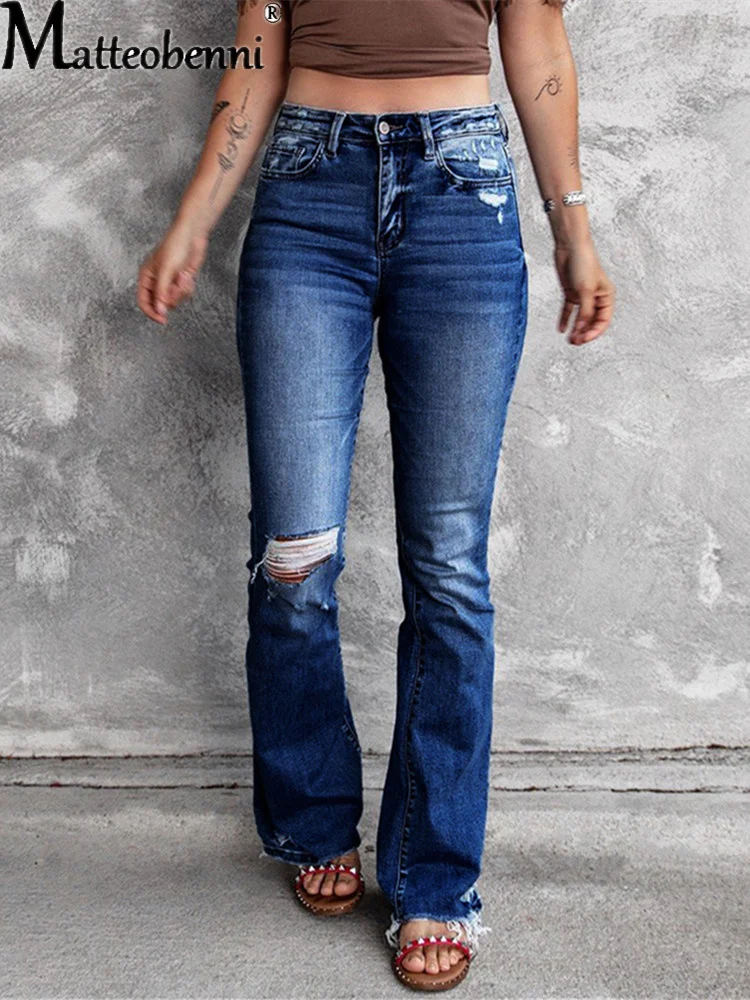 Women's High Waist Jeans Stretch Slim Tight Ripped Hole Stretch Long Jean pants Ladies Micro Flare Skinny Trousers vintage american style striped flared jeans women high waist slim fit tight denim pants ladies casual streetwear skinny trousers