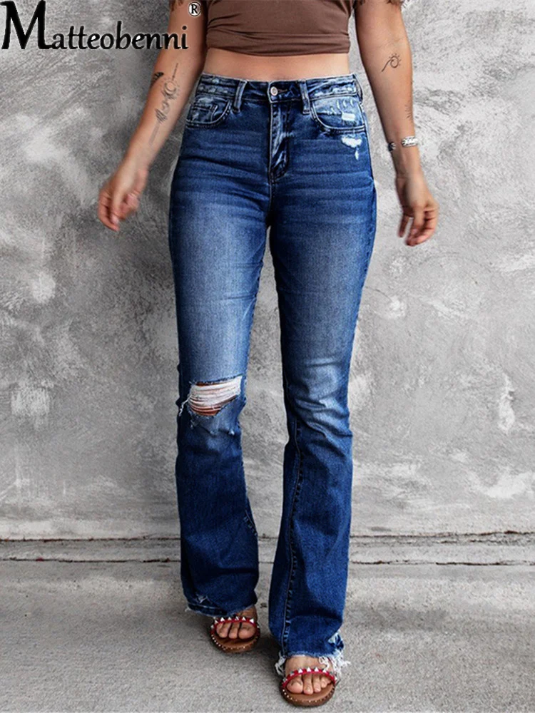 Women's High Waist Jeans Stretch Slim Tight Ripped Hole Stretch Long Jean pants Ladies Micro Flare Skinny Trousers ladies high street ripped jeans american net red boyfriend tight ripped pencil leg jeans high quality