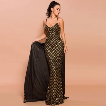 

Fashion long Dress sexy women Sequined Shawl V-Neck Backless Spaghetti Strap Evening Party celebrity body con Dresses wholesale