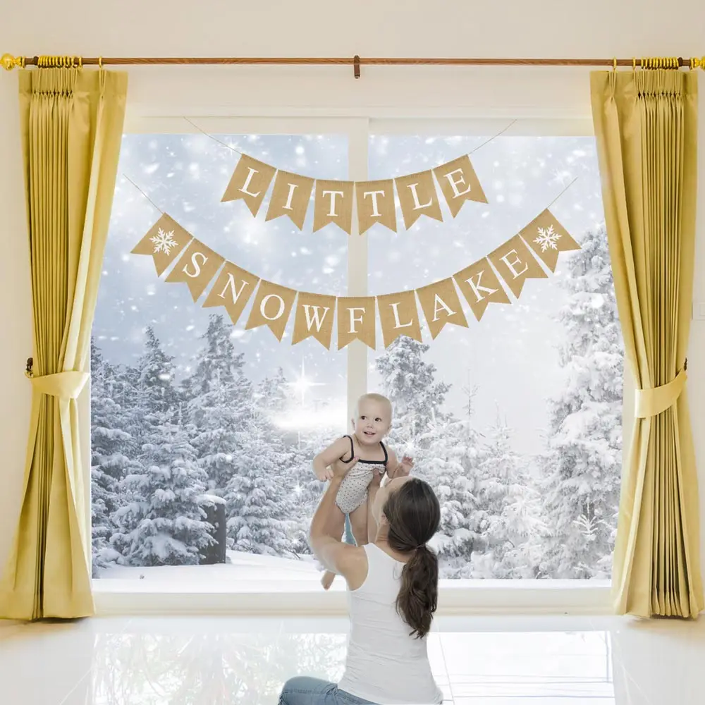 Jute Burlap Little Snowflake Banner Winter Christmas Baby Shower Diaper Party Baby Sprinkle Decoration Supply