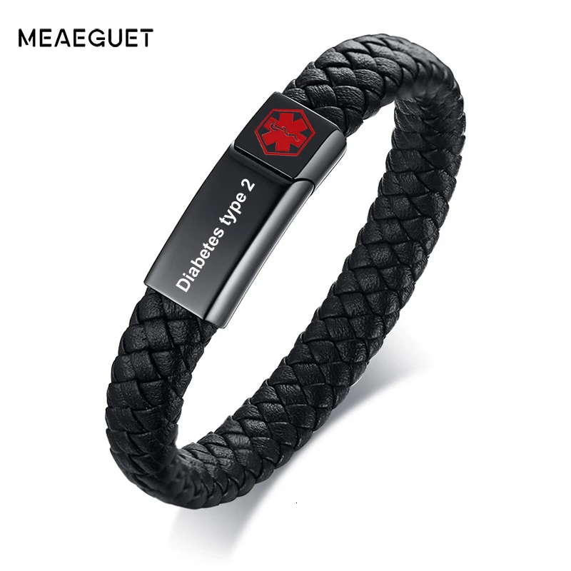 Мужской Браслет-манжета из натуральной кожи черного цвета из нержавеющей стали, индивидуальный медицинский браслет для диабета, гравировка