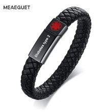 Мужской Браслет-манжета из натуральной кожи черного цвета из нержавеющей стали, индивидуальный медицинский браслет для диабета, гравировка