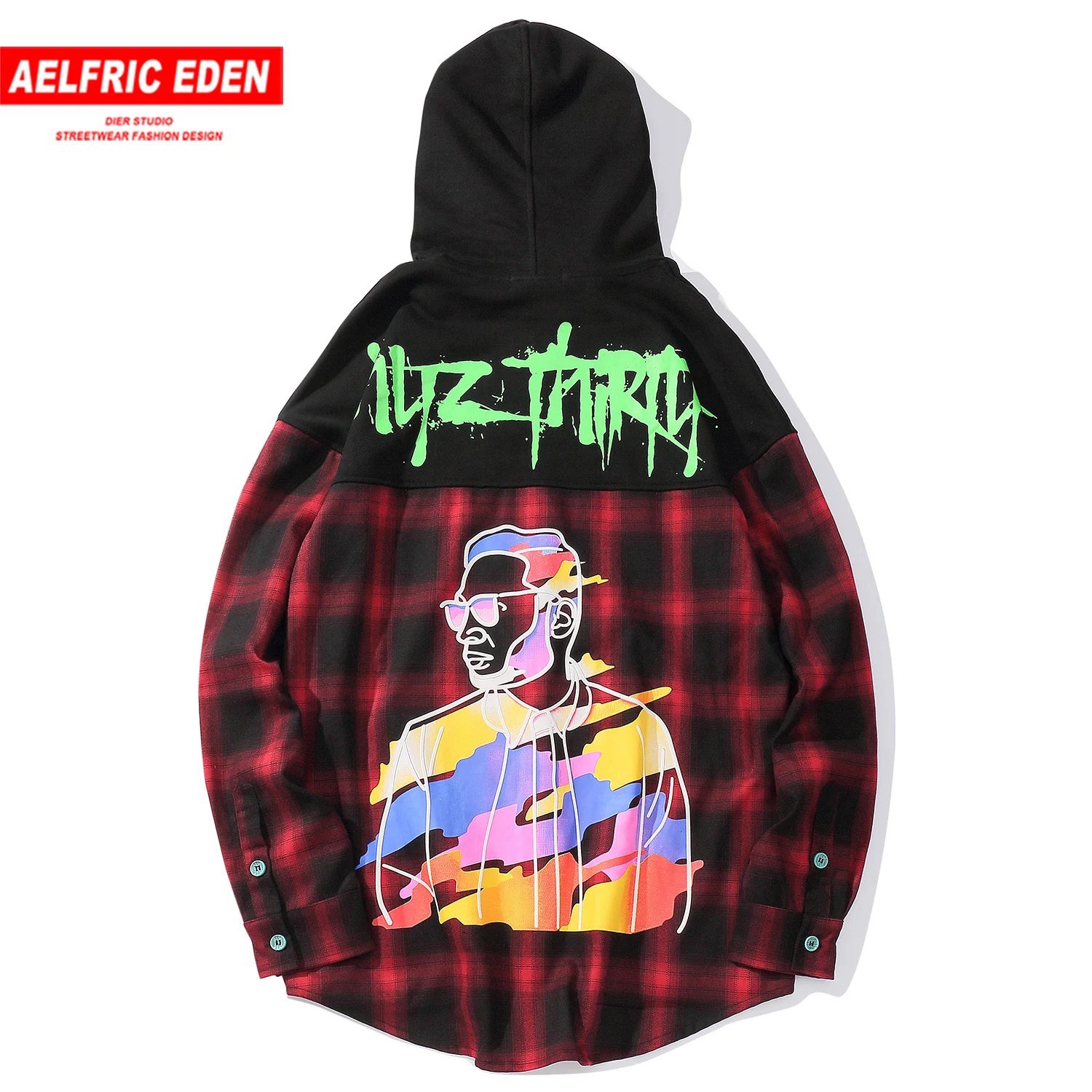 

Aelfric Eden Patchwork Plaid Fluorescence Boy Printed Mens Hooded Shirts Harajuku Tops Streetwear Hip Hop Casual Cotton Hoodies