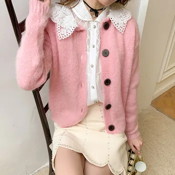 

Women Mohair Knit Cardigan Peter pan Collar Lace Pink Sweet Single Breasted Long Sleeve Autumn New Female Knit Sweater