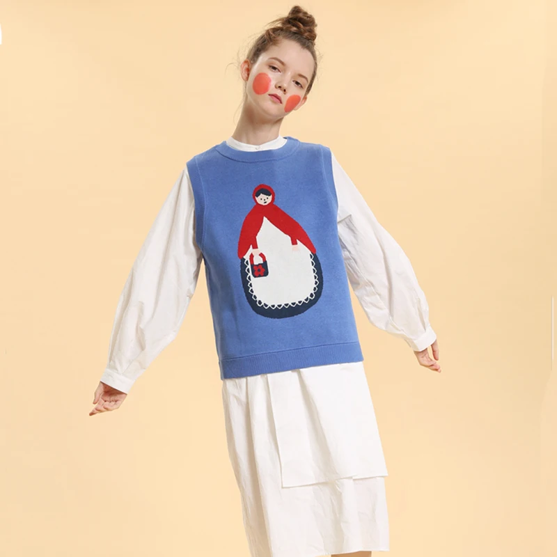 Осенняя Толстая теплая жилетка, жилетка для женщин, дизайн, с рисунком куклы, с круглым вырезом, хлопковый свитер, жилетка