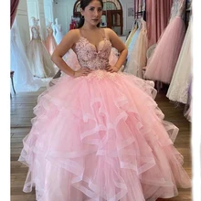 Новое поступление, Розовое Бальное Платье с v-образным вырезом и оборками, кружевное многослойное Тюлевое бальное платье, 16 платьев