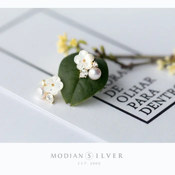 

Modian Hot Sale 925 Sterling Silver Blooming White Frangipani Flower Pearl Stud Earring for Women Fashion Ear Pin Fine Jewelry
