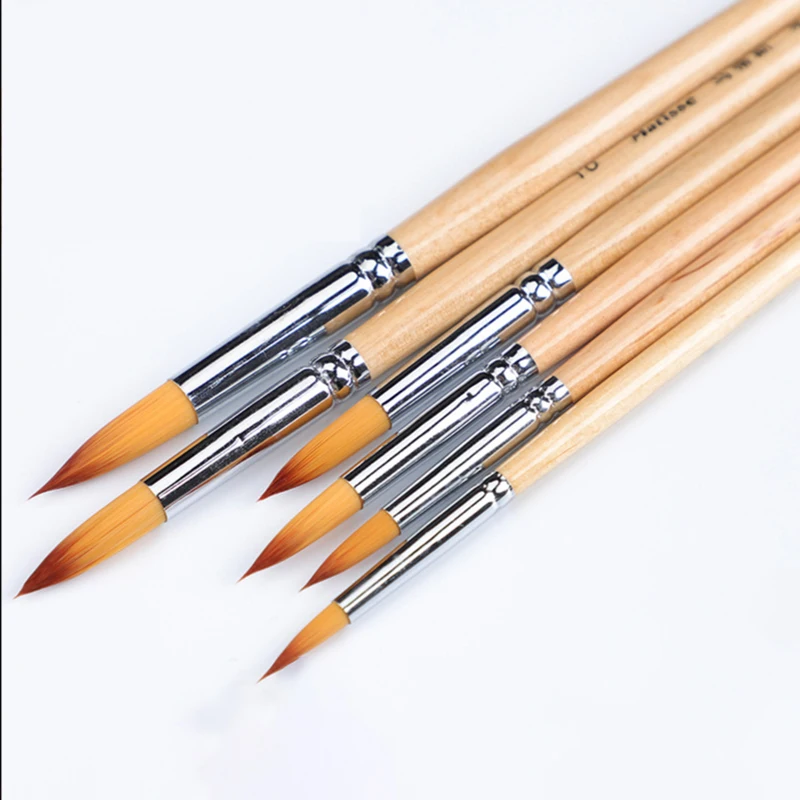 

Two-tone nylon Round head 6 pcs set Wood short pole oil painting pen oil painting supplies watercolor paint brush art supply